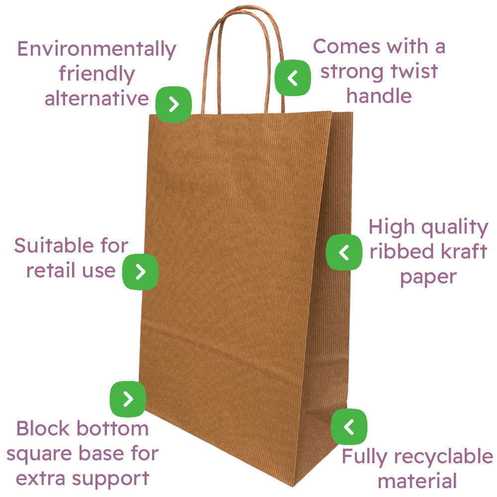 Ribbed Kraft Premium Brown Twist Handle Paper Carrier Bags - 200x80x240mm