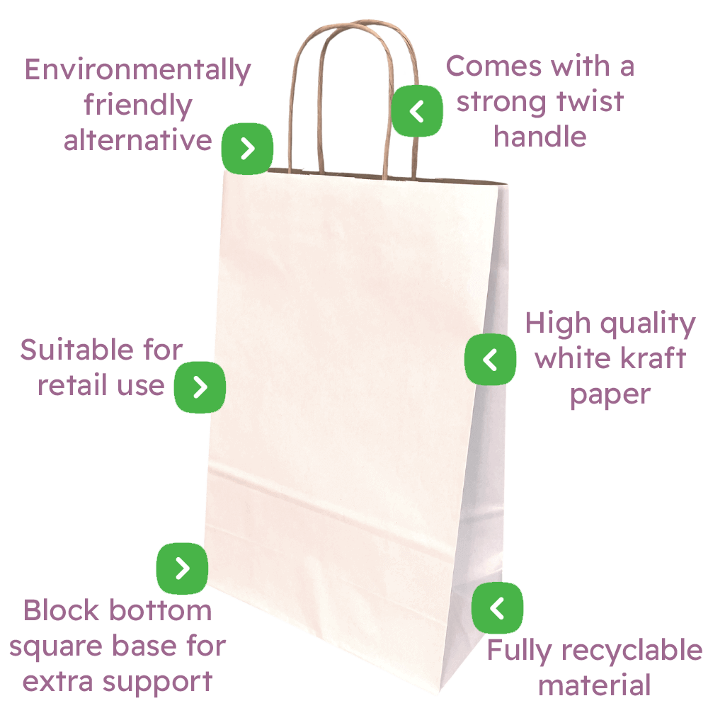 White Kraft Premium Twist Handle Paper Carrier Bags - 220x100x330mm